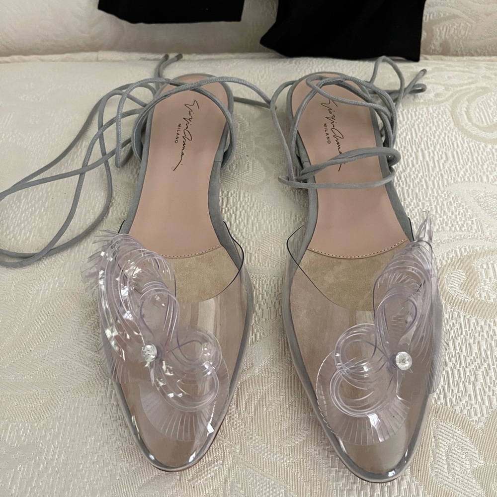 Giorgio Armani Transparente + Perla-Cinderella slipper w/Grey suede lace up!-NWT
